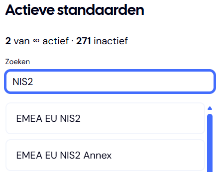 Pulse standaarden-picker met NIS2 geselecteerd